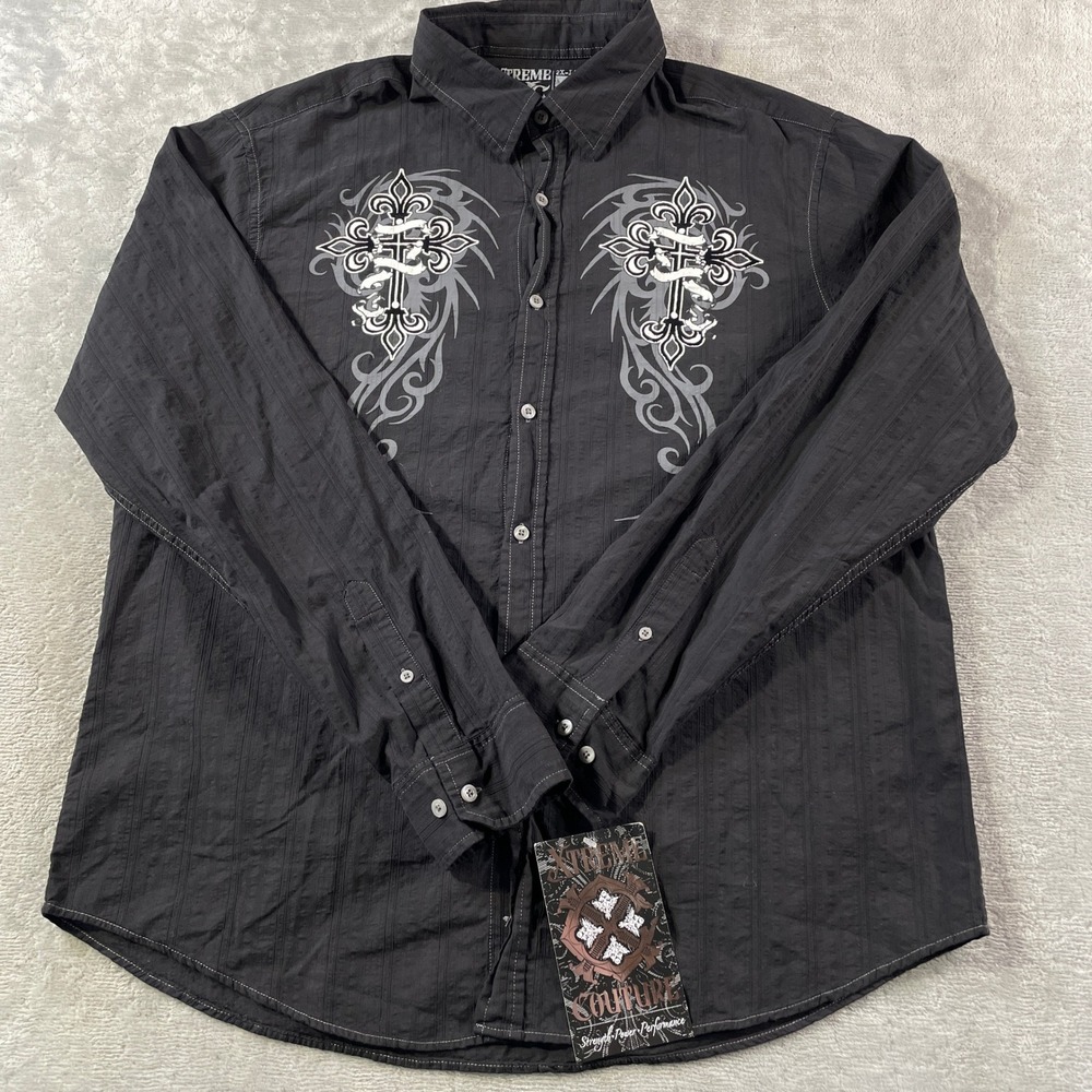 Xtreme Couture Affliction Shirt Mens XXL Black Skulls Cross Kings Fall Button